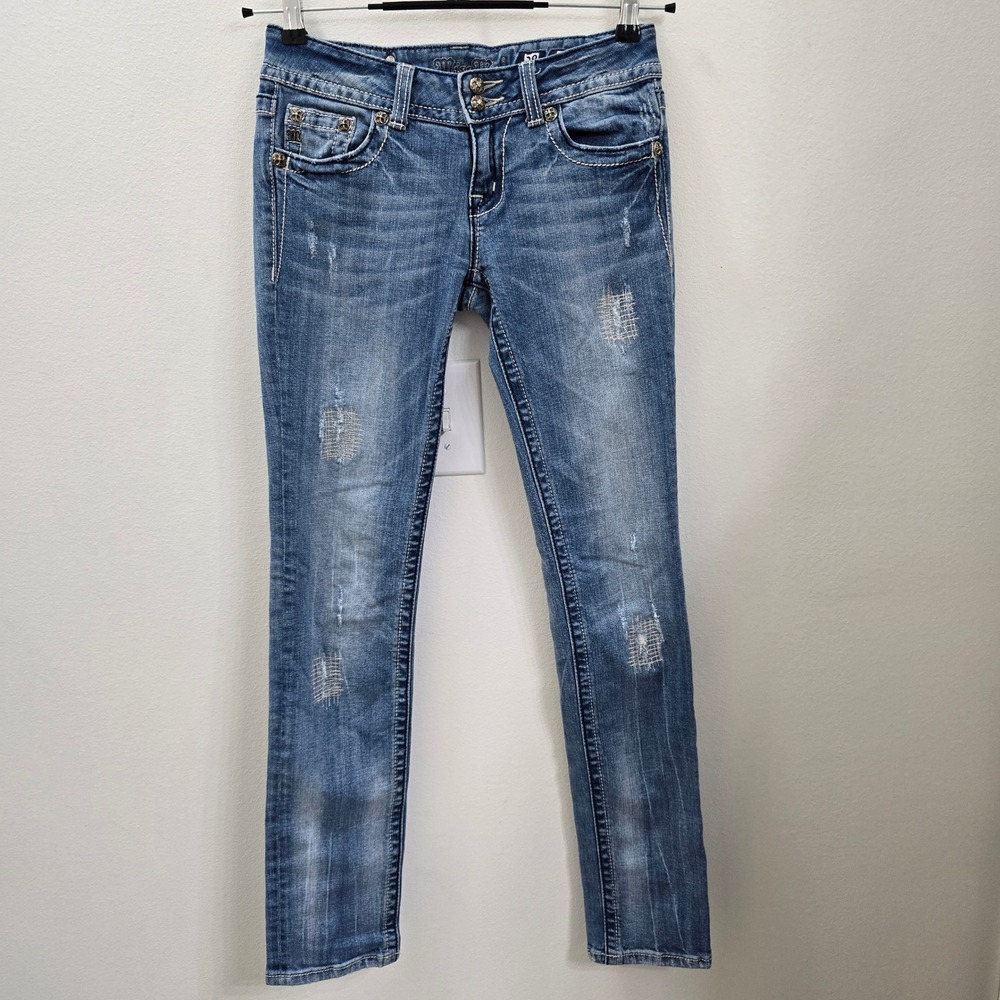 Miss Me Angel Wing Skinny Jeans JP5082SK Medium Wash Rhinestone Distressed 28